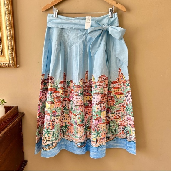 Talbot's Poplin Fit Flare Skirt Scenic Riviera Sash Belt Midi Beach Print 4 NWT - Picture 4 of 11